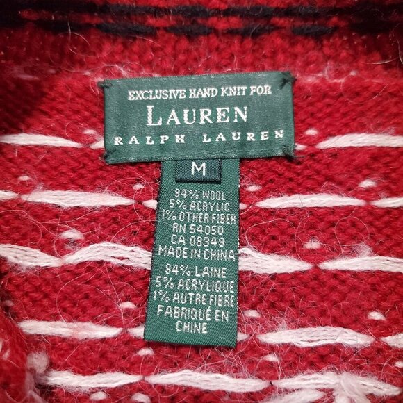 Vintage Lauren Ralph Lauren Hand Knit Wool Red Snowflake Quarter Zip Sweater - M - Picture 3 of 8